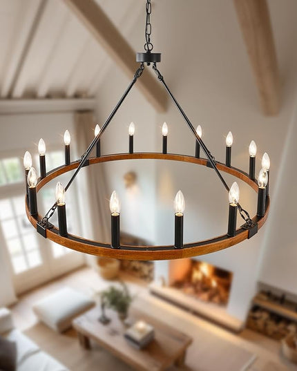 HHR 40 Inch Solid Wood Wagon Wheel Chandelier, 16-Light Farmhouse Chandelier for Dining Room, Modern Chandeliers for Foyer, Kitchen Island, Living Room, Entryway, E12
