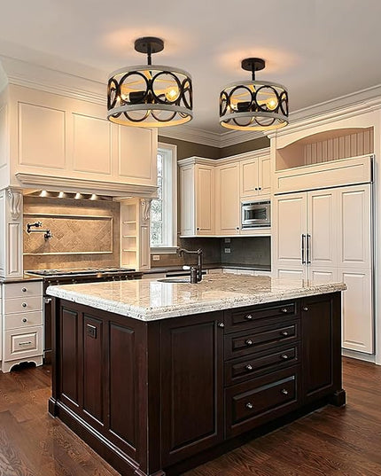 Farmhouse Semi Flush Mount Ceiling Light,3-Light Industry Oak White Sloped Ceiling Light Fixtures D13 Inches Rustic Metal Light Fixture for Entryway Foyer Hallway Kitchen Dining Room