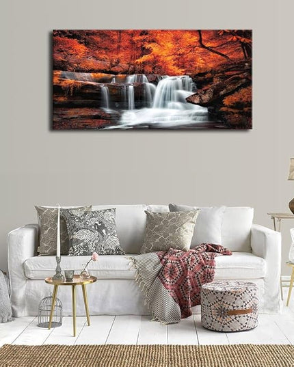 yearainn Autumn Forest Canvas Wall Art Waterfall Picture Stream River Landscape Red Tree Modern Canvas Artwork Contemporary Nature Picture Living Room Bedroom Home Office Wall Decor 29" x 58"