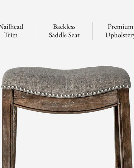 Maven Lane Adrien Backless Bar Stool – 31 Inch Saddle Seat with Footrest – Brown Solid Wood Frame & Grey Fabric Upholstery – Ideal for Bars, Pub Tables & Tall Kitchen Counters
