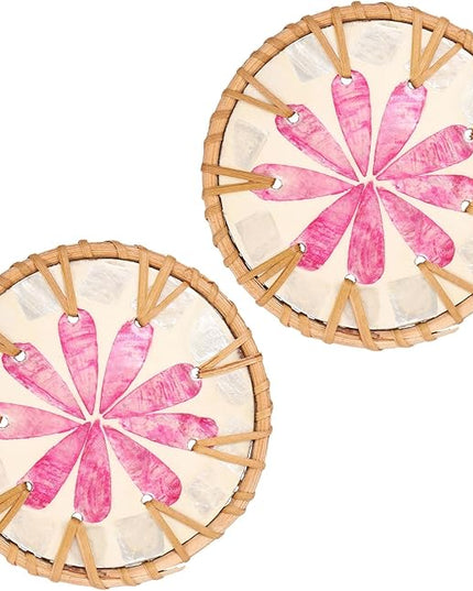 uxcell 2Pcs Handmade Woven Rattan Coasters, Heat-Resistant Drink Coasters for Coffee Table Dining Room Kitchen Coffee Wine Decor, Pink Petal