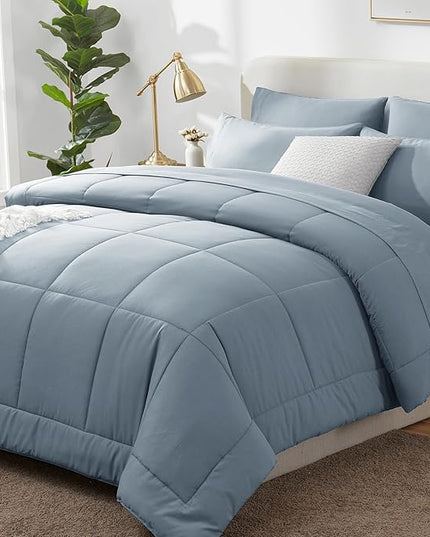 CozyLux King Size Comforter Set Grayish Blue, 7 Pieces Bed in a Bag, Dusty Blue Comforter King Size, All Season Bedding Sets with Stitch Quilted Comforter, Flat Sheet, Fitted Sheet, Pillowcases