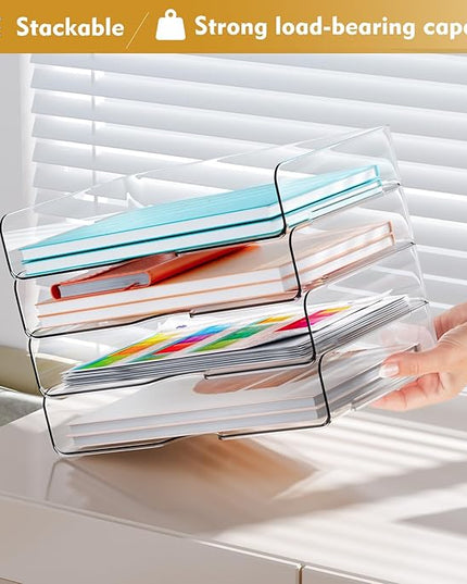 YKLSLH 4 Trays Paper Organizer Letter Tray - Acrylic Desk File Organizer, Stackable Clear Paper Holder Sorter Office Organizer for Letter/A4, Office File Ipad Books Notes Etc