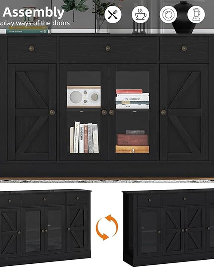 4 EVER WINNER 55" Coffee Bar with 4 Glass Doors and 3 Drawers, Sideboard Buffet Cabinet with Storage, Farmhouse Coffee Bar Cabinet with Adjustable Shelves for Kitchen, Dining Room, Black