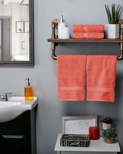 Superior Egyptian Cotton Pile Hand Towel Set of 4, Ultra Soft Luxury Towels, Thick Plush Essentials, Absorbent Heavyweight, Guest Bath, Hotel, Spa, Home Bathroom, Shower Basics, Coral