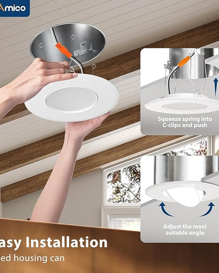 Amico 6 Pack 6 Inch Retrofit Eyeball Gimbal Can Lights, Adjustable Eyeball Directional 5CCT LED Recessed Lights, Dimmable, 2700K/3000K/3500K/4000K/5000K Selectable, 7W 650LM, ETL&FCC