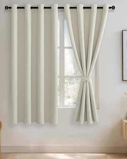 JIUZHEN Ivory Blackout Curtains with Tiebacks - Thermal Insulated, Light Blocking and Noise Reducing Grommet Curtains for Bedroom and Living Room, Set of 2 Window Curtain Panels, 52 x 63 Inch Length