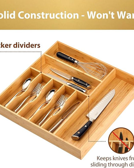 Umilife Large Kitchen Drawer Organizer, 19"x19" Silverware Utensils Organizer, 2.5" High for Large Deep Drawers, Bamboo Flatware Holder with Thick Frames, Sturdy Kitchen Organization Tray