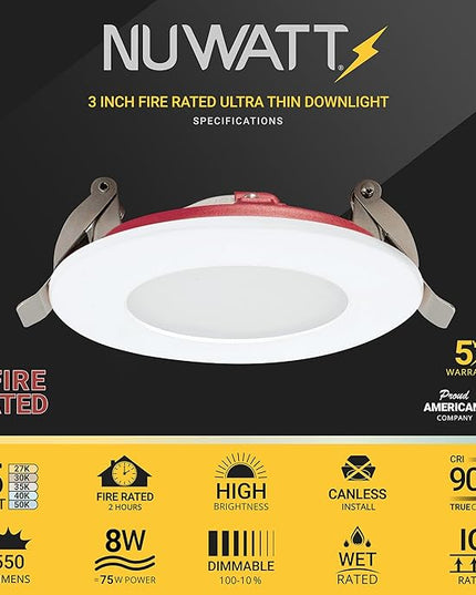 NUWATT Fire Rated 3 inch LED Recessed Lighting, Dimmable 3" LED Wafer Lights, 5CCT 2700K/3000K/3500K/4000K/5000K, CRI90 Wet & IC Rated Canless Recessed Lighting, 8W, 550LM, No Cone Needed, ETL, 6 Pack