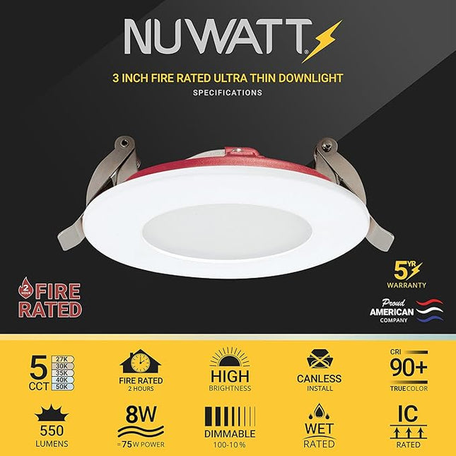 NUWATT Fire Rated 3 inch LED Recessed Lighting, Dimmable 3" LED Wafer Lights, 5CCT 2700K/3000K/3500K/4000K/5000K, CRI90 Wet & IC Rated Canless Recessed Lighting, 8W, 550LM, No Cone Needed, ETL, 6 Pack