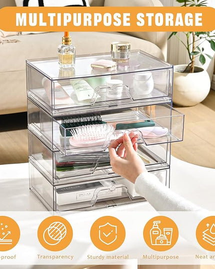 2 Pack Stackable Makeup Organizer, 12.1''L Acrylic Bathroom Organizer and Storage Undersink Drawer, Cosmetics and Beauty Supplies,Clear Plastic Storage Bins for Desk,Cabinet,Kitchen,Vanity,Pantry