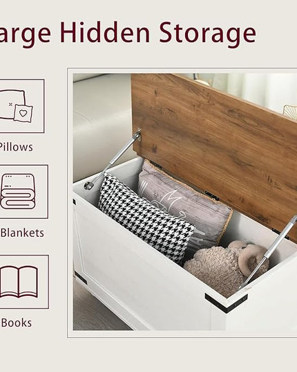 Farmhouse Coffee Table with Storage, White Square Center Table with Hidden Storage Organizer for Living Room, Center Table with Hinged Flip-Top Lids