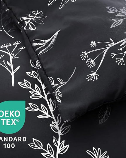 MUXHOMO Black Full Comforter Set, Elegant Floral Print Bed in a Bag 7 Pieces, Ultra Soft & Breathable Reversible Botanical Pattern Bedding Set with Comforter, Sheets, Pillowcases, and Shams