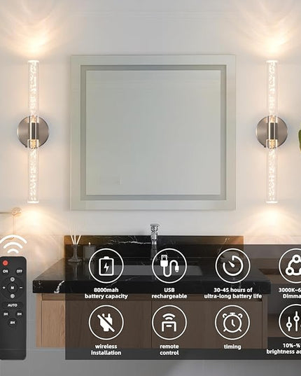 Modern LED Battery Operated Wall Sconces Set of Two, Dimmable Bathroom Crystal Wall Sconce, USB Rechargeable Brushed Nickel Vanity Wall Lamp, Bubble Wall Lights For Bedroom, Living Room. 20-Inch