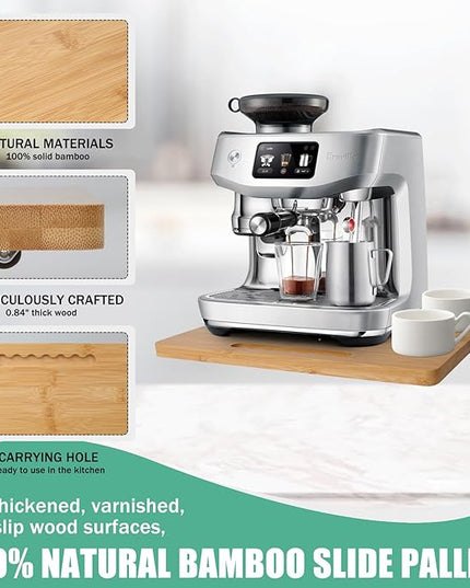 Bamboo Sliding Appliance Tray,Coffee Maker Slider Tray with Rubber Wheels, Countertop Pull Out Organizer for Coffee Machines,Air Fryers and Other (Natural, Large-Long(12”W x 16”L))
