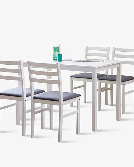 Livinia Seattle 5-Piece Wooden Dining Table Set for 4, Modern Farmhouse Kitchen Dining Room Set with Solid Wood Ladder Back Chairs for Small Space (White)