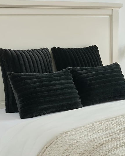 FUTEI Black Throw Pillow Covers Set of 2, 28x28 Inch Striped Texture Euro Pillow Shams with Soft Faux Rabbit Fur Front & Velvet Back, Modern Decorative Couch Pillows for Living Room