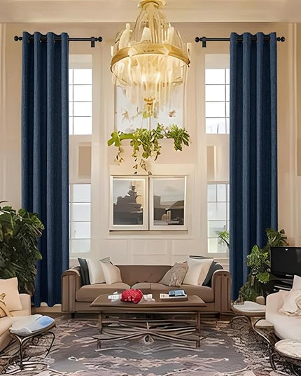 Extra Long Linen Curtains 120 inch Length 2 Panels Thick Faux Linen Blended Window Drapes Burlap Textured Curtains with Grommet for Living Room Farmhouse 10ft (52x120 Navy) Natural