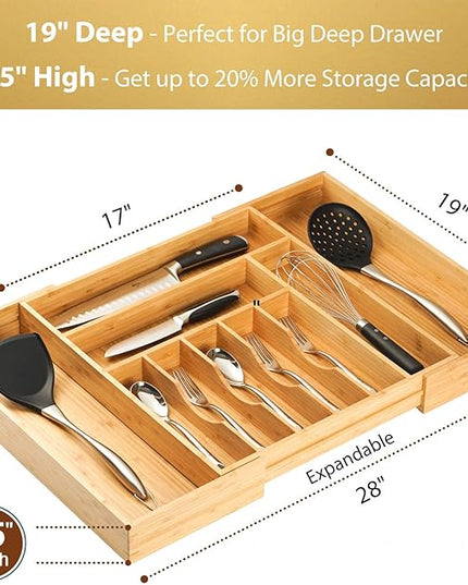 Umilife Extra Large Expandable Kitchen Siverware Utensils Drawer Organizer, 19" Deep for Big Drawer, Adjustable Bamboo Wood Drawer Divider with Curved Grooves, Cutlery Tray Flatware Holder