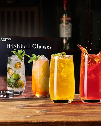 PARACITY Highball Glasses Set of 2, Drinking Glasses 12 Oz, Clear Glass Cups, Tall Tumbler Water Glasses, Glassware Set for Cocktail, Coffee, Mojitos