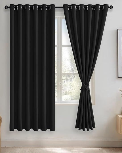 JIUZHEN Black Blackout Curtains with Tiebacks - Thermal Insulated, Light Blocking and Noise Reducing Grommet Curtains for Bedroom and Living Room, Set of 2 Window Curtain Panels, 70 x 72 Inch Length