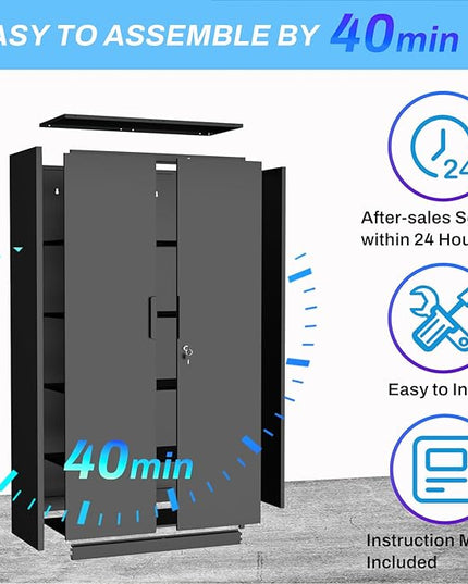Metal Garage Storage Cabinet with Lock, 72" Tall Steel Storage Locker with 4 Adjustable Shelves, Heavy Duty Metal Cabinet for Garage, Office, Home, Black
