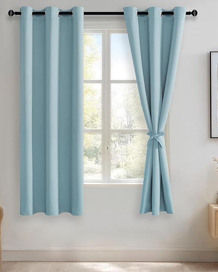 JIUZHEN Light Blue Blackout Curtains with Tiebacks Thermal Insulated, Light Blocking and Noise Reducing Grommet Curtains for and Living Room, Set of 2 Window Curtain Panels, 42 x 63 Inch Length