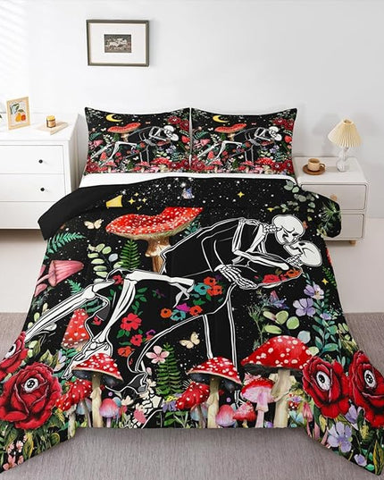 Mushroom Kids Comforter Set Twin Size,Sun Moon Starry Sky Romantic Bedding Set,Boys Girls Adults Room Decor,Butterfly Skeleton Flowers Boho Down Comforter,Red Trippy Duvet Insert,1 Pillowcase