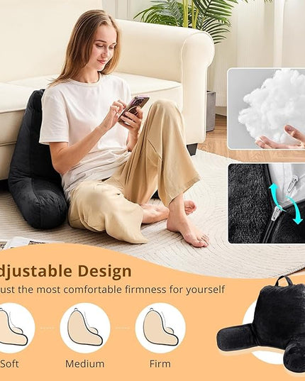 Sasttie Reading Pillow, Velvet Back Pillow for Bed Sitting Up, Adult Back-Rest Support Cushion with Arms for Sit Up on Couch, Sofa, and Floor, Dorm Essentials, Reading Accessories, Black