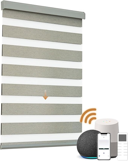 Cordless Motorized Zebra Blinds for Windows Blackout with Remote, Custom Dual Layer Smart Zebra Shades Work with Alexa Google, Automatic Electric Light Filtering Roller Sheer Shades, Warm Grey