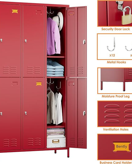 Aobabo Metal Locker for Employees, 6 Doors Metal Locker Cabinet with Lock, Industrial Storage with 18 Hooks, Storage for Home, Office, Gym, Assembly Required, Red