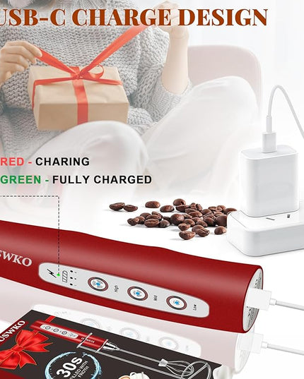 YUSWKO Milk Frother Handheld for Coffee with Stand, Rechargeable Drink Mixer with 3 Heads 3 Speeds Electric Coffee Frother Whisk, Gift for Many Occasions and Festival