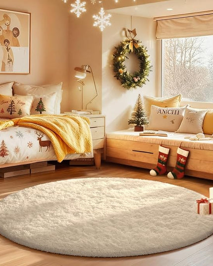 Ophanie Round Rugs 3Ft Ivory Circle Area Rug,Christmas Room Decor, Aesthetic Nursery Bedroom Carpet, Fluffy Fuzzy Plush Soft Shaggy Cream Living Room Rugs for Kids Boys Girls Teen Baby Home, Dorm