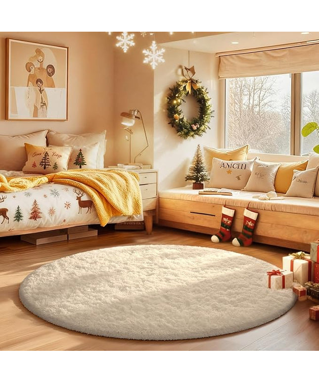 Ophanie Round Rugs 3Ft Ivory Circle Area Rug,Christmas Room Decor, Aesthetic Nursery Bedroom Carpet, Fluffy Fuzzy Plush Soft Shaggy Cream Living Room Rugs for Kids Boys Girls Teen Baby Home, Dorm