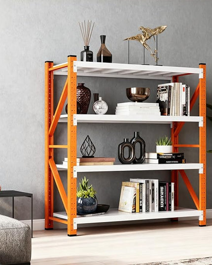 79" H Garage Shelving,3500LBS Heavy Duty Storage Rack,4 Tiers Metal Storage Rack Shelf, Adjustable Shelving Unit for Garage,Kitchen,Warehouse,Basement,78.7" H x 59" W x 19.6" D,Orange&White
