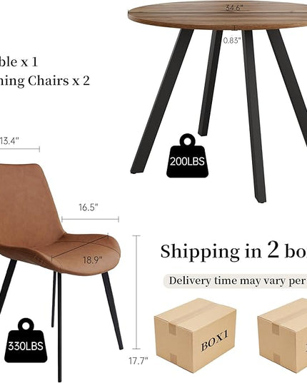 34.6'' Dining Table and Chairs for 2, Mid Century Modern Round Table Set, Space Saving for Apartment Kitchen Dining Room (Walnut Table+2 Brown Chairs)