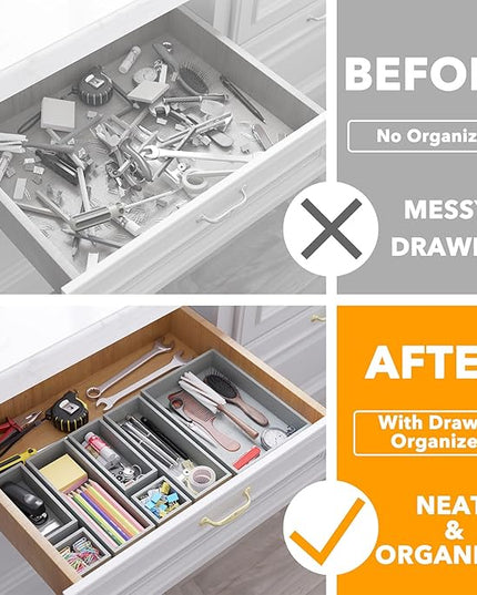 SpaceAid 7-Piece Bamboo Drawer Organizer Storage Boxes Set, Wood Tray Junk Drawer Organizers Multi-Use Divider Bins for Kitchen, Bathroom, Office Desk and Makeup Organization (7 Pack, Gray)