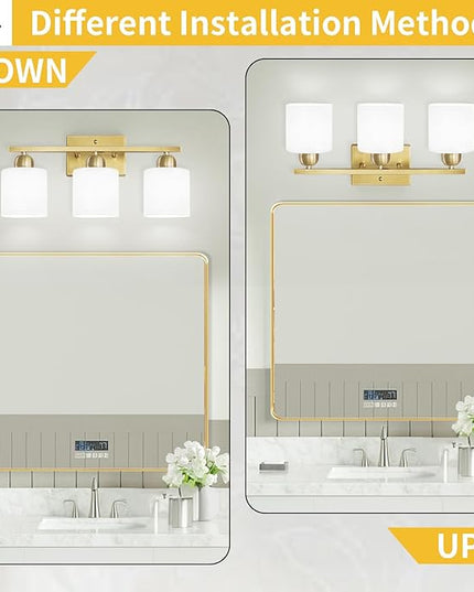 3 Light Gold Bathroom Light Fixtures, Modern Bathroom Vanity Lights with Milky White Frosted Glass Shades, Gold Vanity Mirror with Lights for Mirror Living Room E26 Base