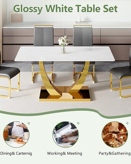 63” Dining Room Table Set for 4,Modern Gold Dining Table Set for 4, Rectangle Kitchen Table Set with Leather Chairs, White Faux Marble Dinner Table Set with Tempered Glass Top and Golden Base