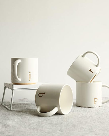 COLLECTIVE HOME - Monogram Ceramic Mugs, 15 oz Golden Initial Coffee Cups, Elegant Alphabet Tea Mugs, Elegant Personalized Mug with Gift Box, Luxurious Cups for Office and Home (j)
