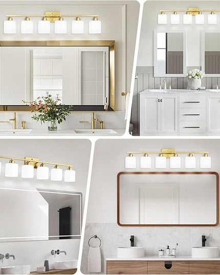 6 Light Gold Bathroom Vanity Light for Large Mirror, Gold Vanity Lights for Bathroom with Milky White Frosted Glass Shades, 38 inch Wall Lamp for Mirrors Living Room E26 Base