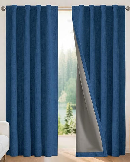 Joydeco Linen Blackout Curtains for Bedroom - 100% Light Blocking 1 Panels, Navy Blue Drapes 100" W x 120" L, Thermal Insulated Room Darkening Curtains for Living Room, Rod Pocket & Back Tabs