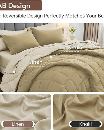 MUXHOMO 7 Pieces Queen Comforter Set, Reversible Bed in a Bag Queen Size, All Season Bedding Set with Comforter, Flat Sheet, Fitted Sheet, Pillowcases & Shams, Khaki & Linen
