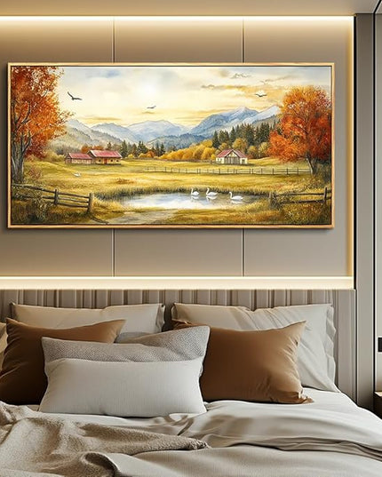PHAOHUAXM Large Wall Art For Living Room Canvas Wall Decor For Farmhouse Office Decoration Bedroom Ink-Wash Landscape Paintings Wood Framed Printing Dining Room Kitchen Modern Home Decor 24"X48"