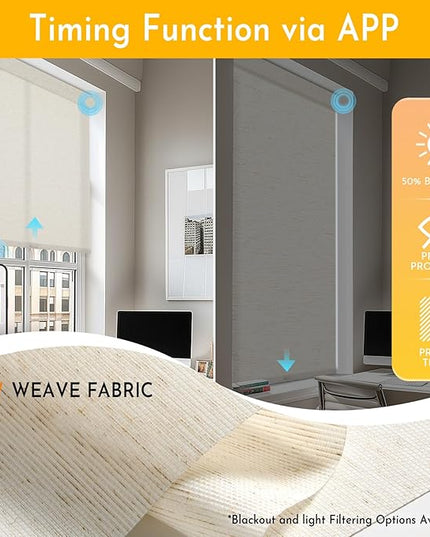 Persilux Smart Motorized Blinds with Remote, No Drill Automatic Roller Shades for Indoor Windows, Light Filtering Linen Fabric, Electric Blinds for Windows, Weave Mat C162-2, Custom Size