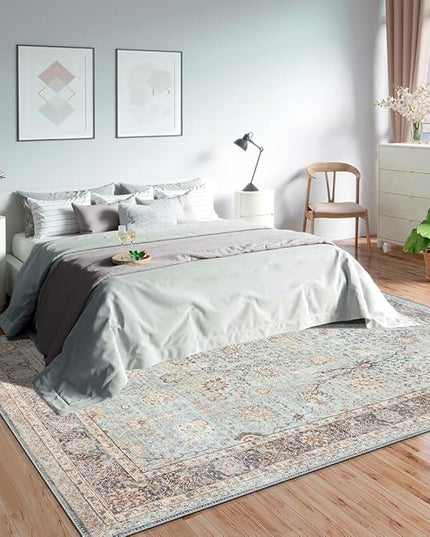 GLN Rugs Traditional Collection - Machine Washable Area Rug, Traditional Washable, Non Slip, Low Pile Chenille Rug, Living Room, Bedroom, Kitchen Rug (3'x5' Blue Floral)