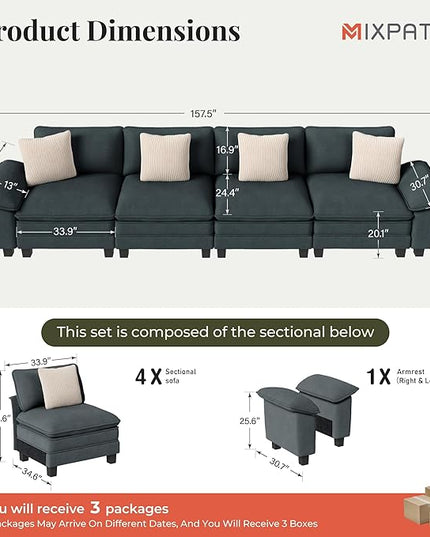 157.5" Cloud Modular Sectional Sofa, 4-Seater w/Deep Seat & Removable Arms, Plush Chenille for Living Room - Cyan