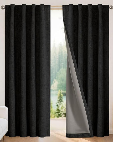 Joydeco Blackout Curtains for Bedroom - 90 Inch Long 100% Light Blocking 2 Panels Set Black Drapes, Thermal Insulated Room Darkening Curtains, Linen Textured for Living Room, Rod Pocket & Back Tabs