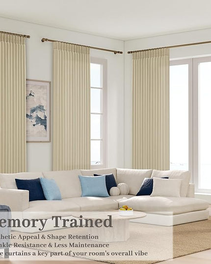 Pinch Pleat Linen Curtains Memory Trained Shaped Light Filtering Pleated Drapes - 100 Inch Long Privacy Window Curtain for Living Room and Bedroom Boho Farmhouse 2 Panels with Back Tab Top and Hooks