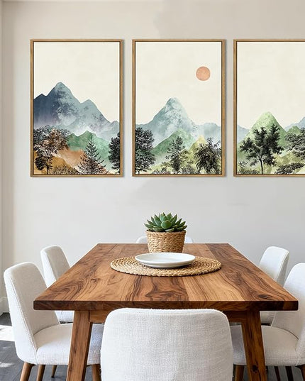 ANHUIB Mountain Wall Art 16x24 Inch Watercolor Landscape Wall Decor Sun Forest Painting Minimalist Pine Tree Artprint Nature Illustration Set of 3 for Living Room Dining Room Office